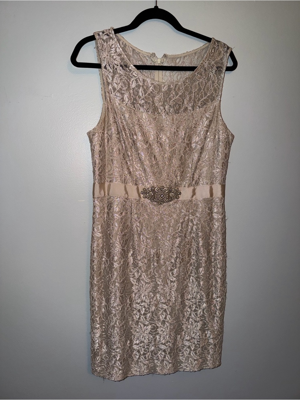 Jessica Howard Champagne Lace Sheath Dress with Satin Waistband